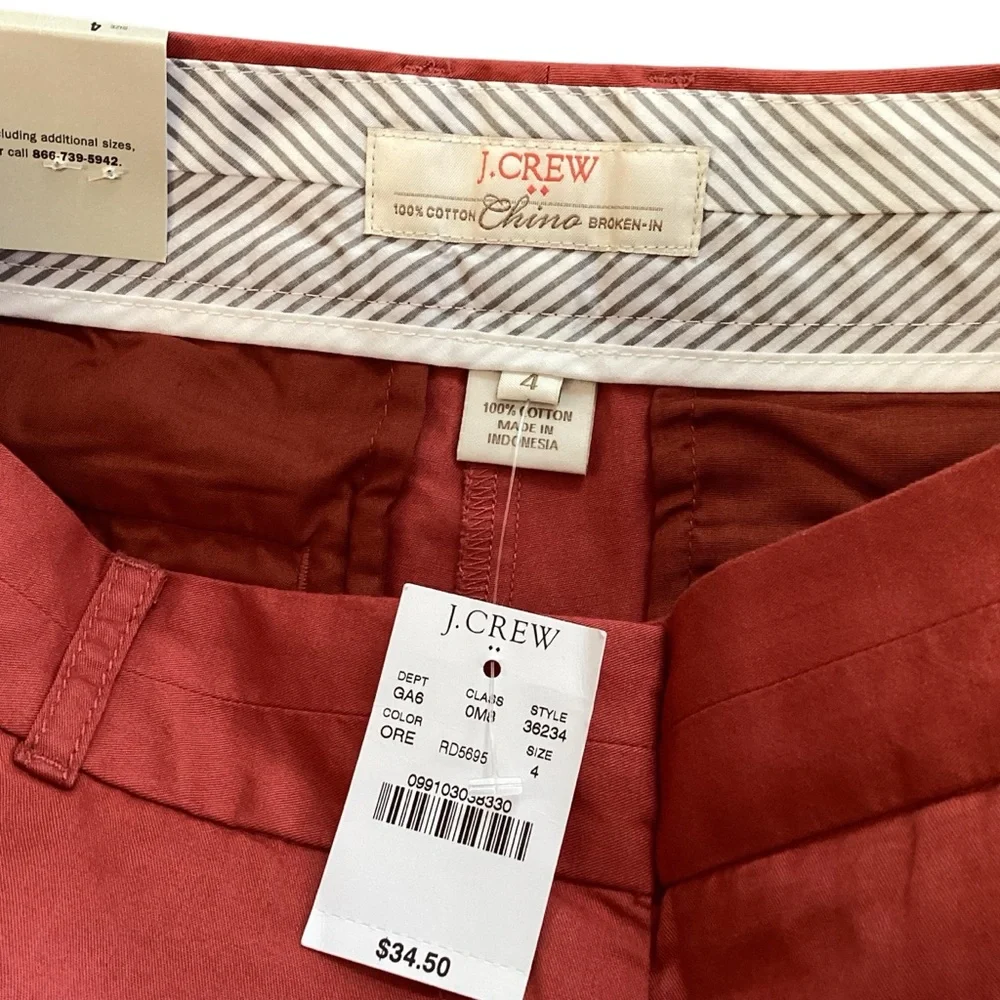J.‎ Crew City Fit Cotton Chino Broken In Shorts, Size 4 Style 36234 Sienna NEW